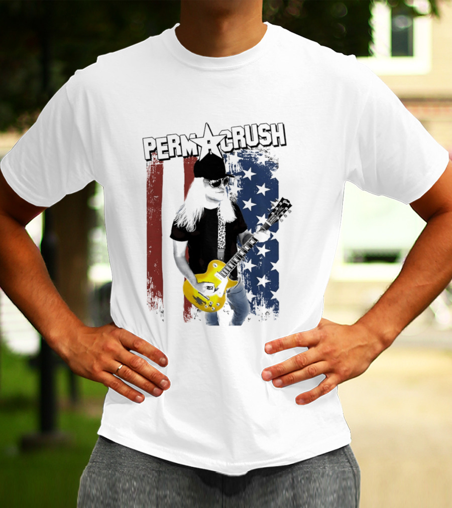 Perm A Crush Long Blonde Hair Yellow Guitar American Flag T-Shirt