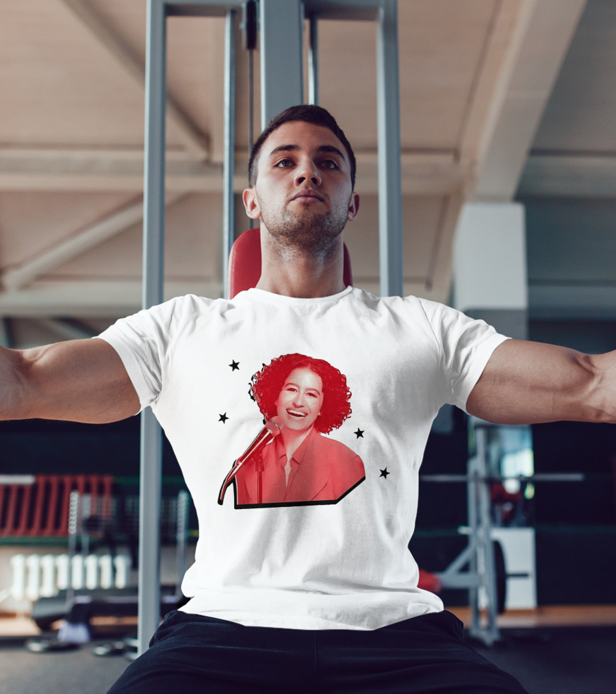 Red Tinted Woman Curly Hair Microphone Black Stars T-Shirt