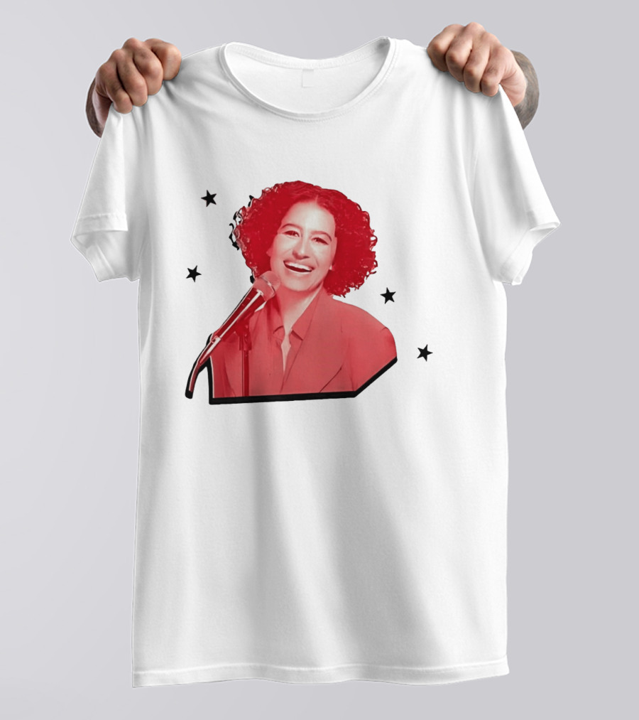 Red Tinted Woman Curly Hair Microphone Black Stars T-Shirt