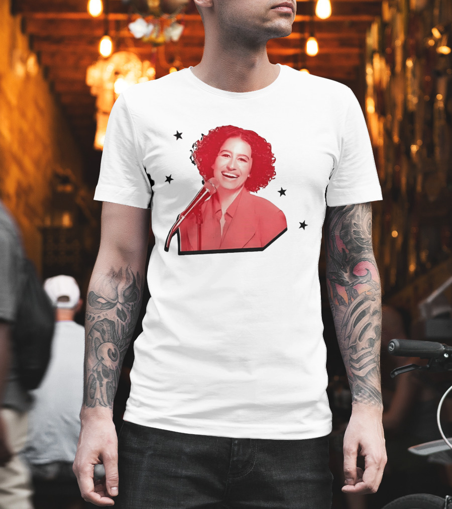 Red Tinted Woman Curly Hair Microphone Black Stars T-Shirt