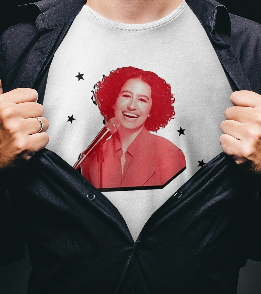 Red Tinted Woman Curly Hair Microphone Black Stars T-Shirt