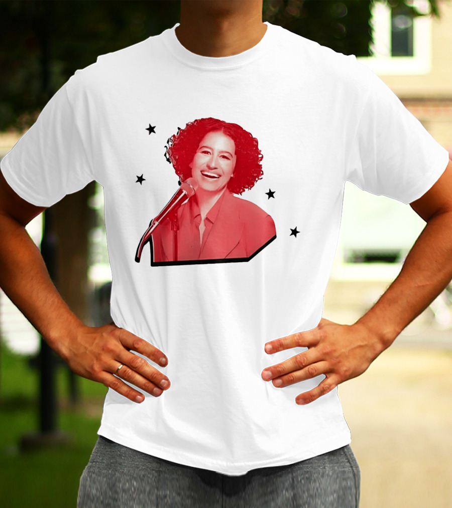 Red Tinted Woman Curly Hair Microphone Black Stars T-Shirt