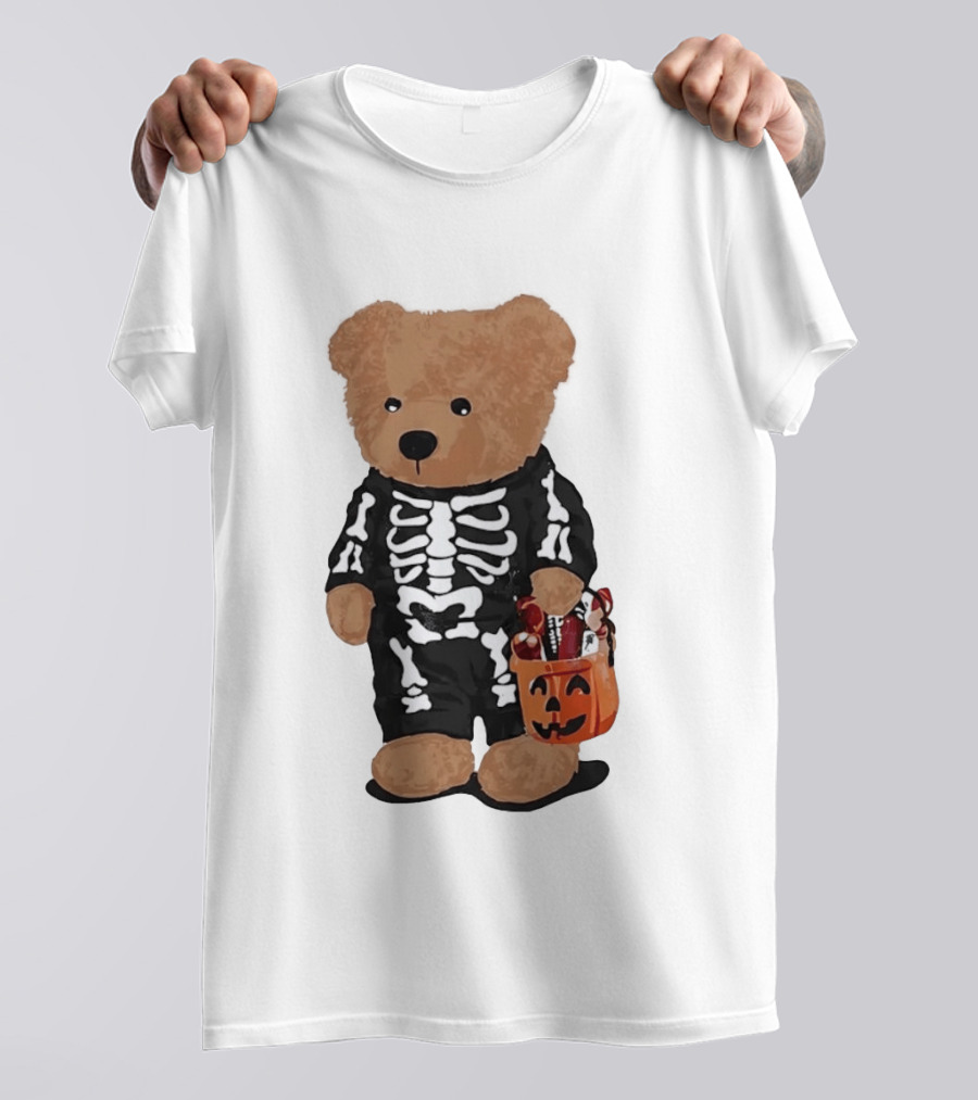 Teddy Bear Skeleton Costume Jack O Lantern Pumpkin Candy Cartoon T-Shirt
