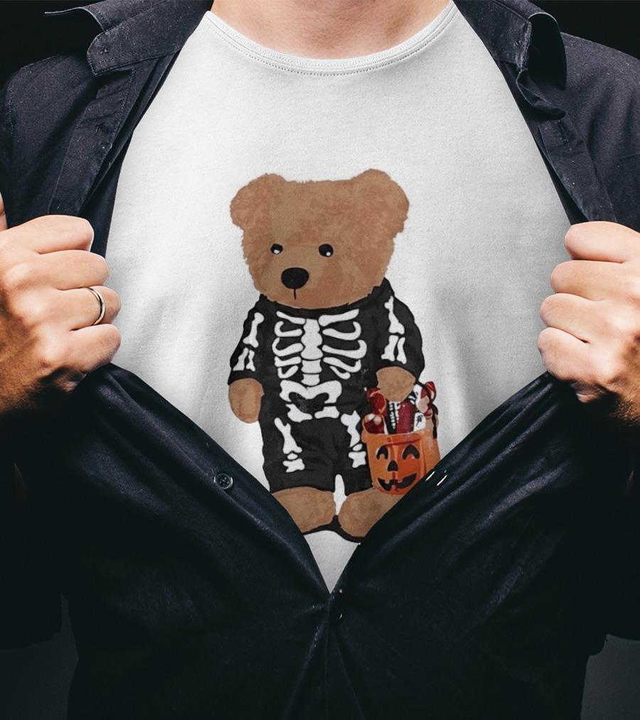 Teddy Bear Skeleton Costume Jack O Lantern Pumpkin Candy Cartoon T-Shirt