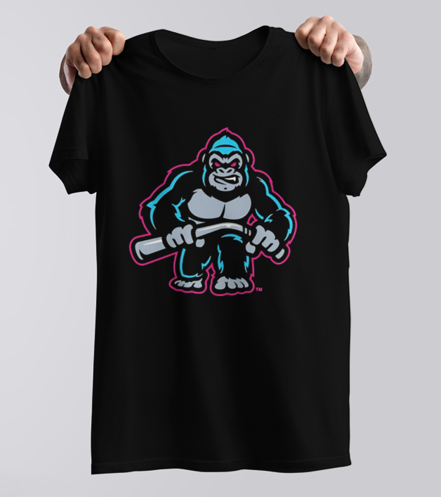 Aggressive Gorilla With Hockey Stick Neon T-Shirt