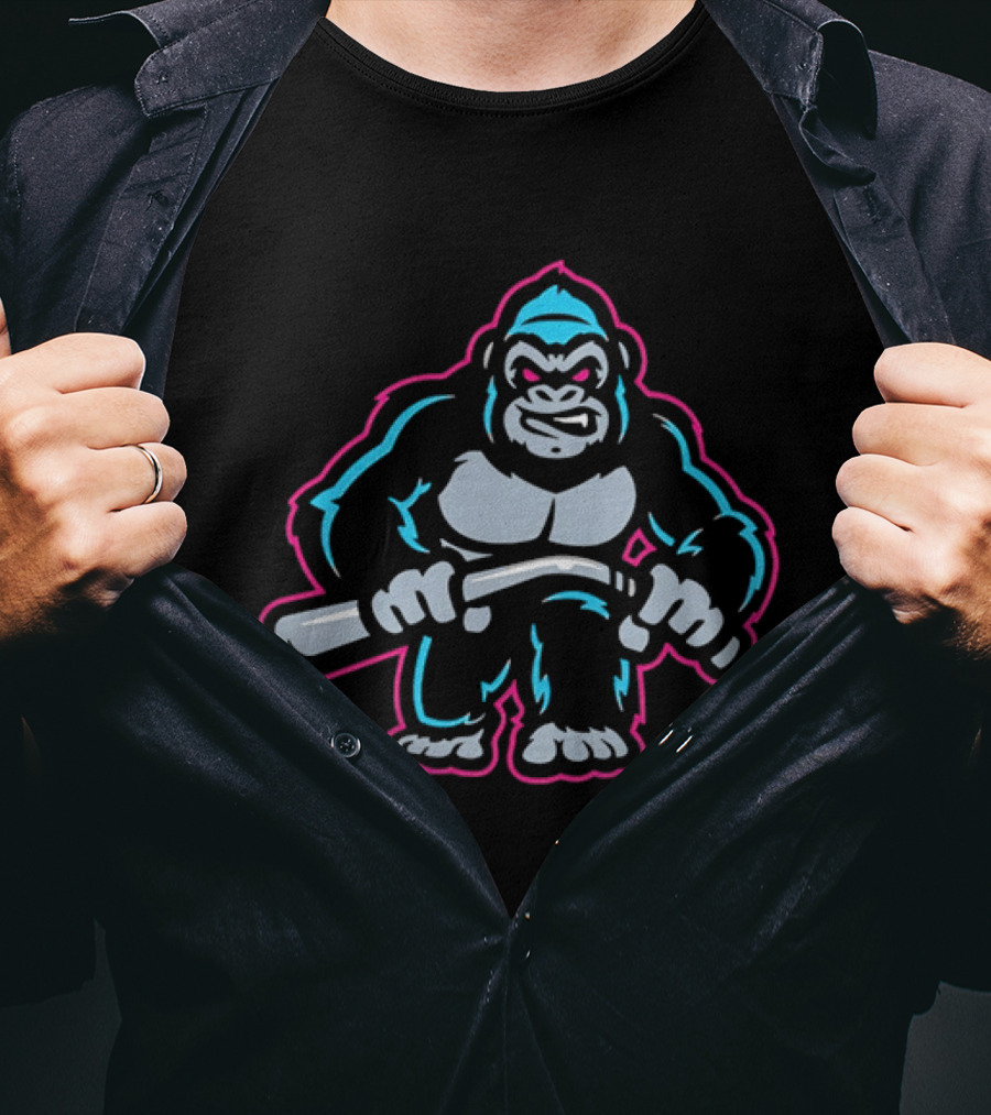 Aggressive Gorilla With Hockey Stick Neon T-Shirt