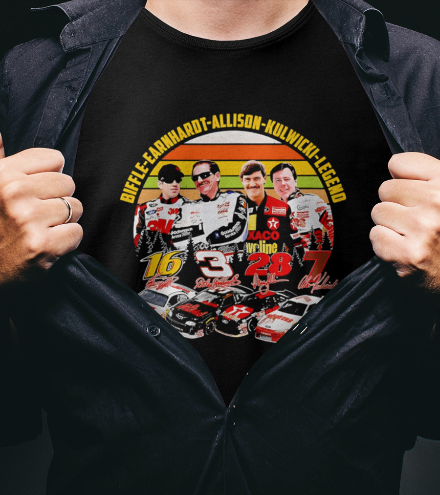 Biffle Earnhardt Allison Kulwicki NASCAR Legends 3M Valvoline Hooters Racing Cars T-Shirt