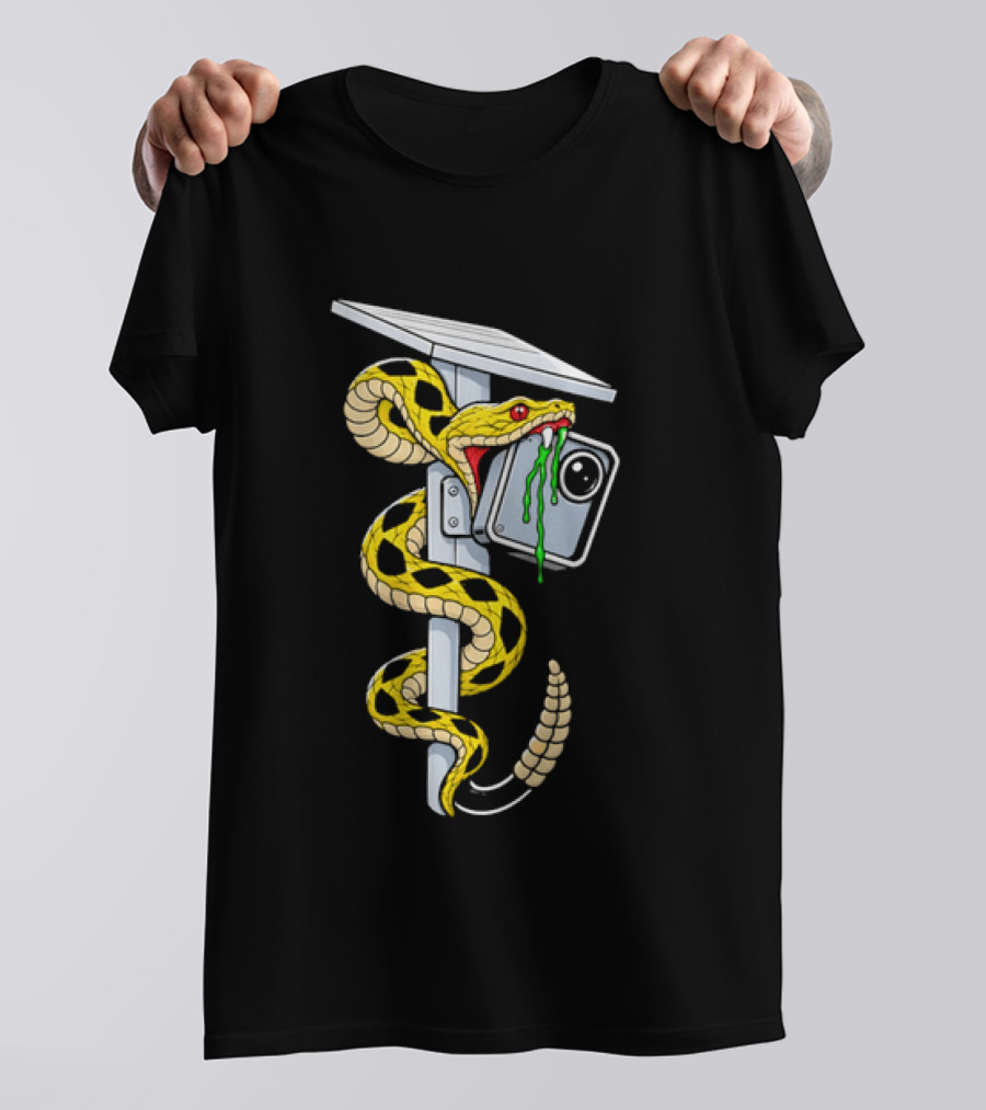 Cartoon Yellow Rattlesnake Biting Security Camera Solar Panel Pole Dripping Venom T-Shirt