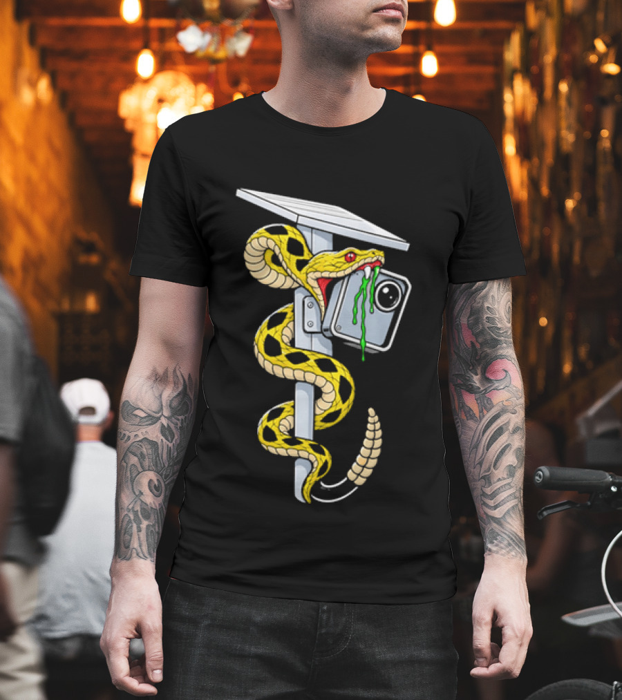 Cartoon Yellow Rattlesnake Biting Security Camera Solar Panel Pole Dripping Venom T-Shirt