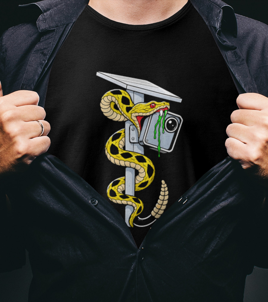 Cartoon Yellow Rattlesnake Biting Security Camera Solar Panel Pole Dripping Venom T-Shirt