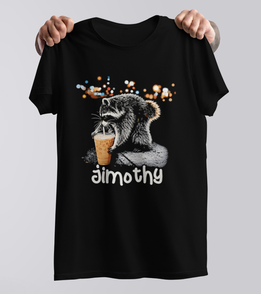 Jimothy Raccoon Sipping Iced Coffee Under Streetlights T-Shirt