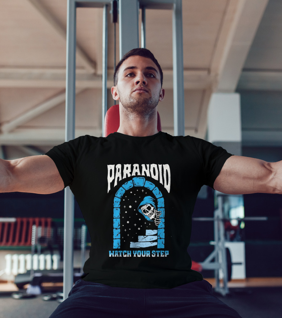 Paranoid Skeleton Peeking Stone Archway Your Step T-Shirt