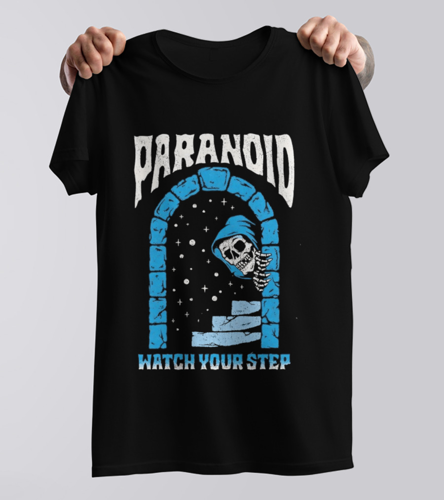 Paranoid Skeleton Peeking Stone Archway Your Step T-Shirt