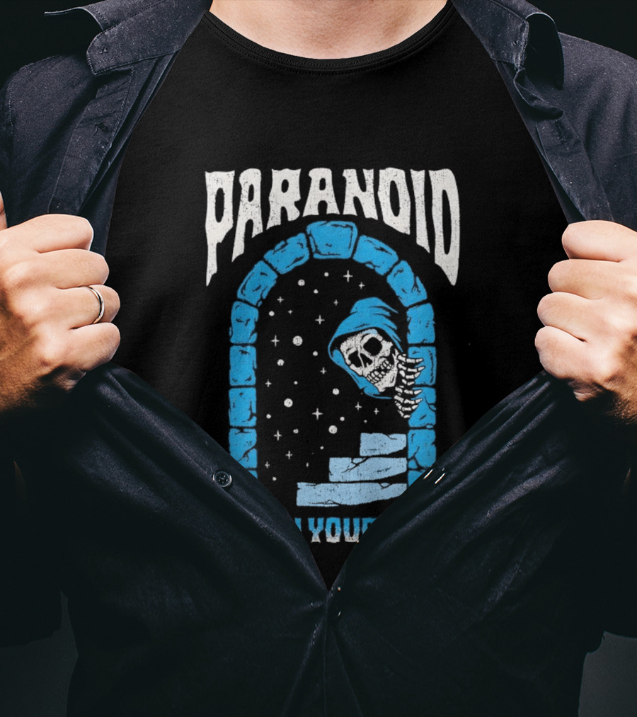 Paranoid Skeleton Peeking Stone Archway Your Step T-Shirt