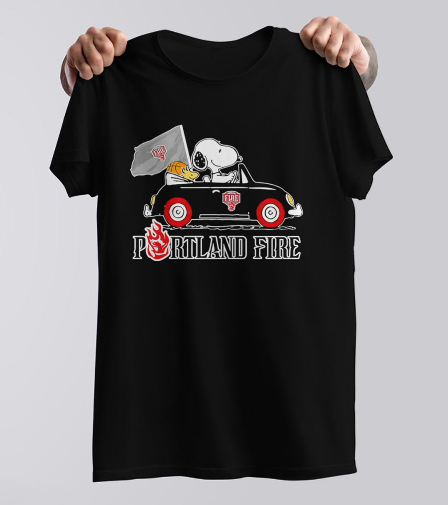 Portland Fire Snoopy And Woodstock Driving Vintage Car With Flag T-Shirt