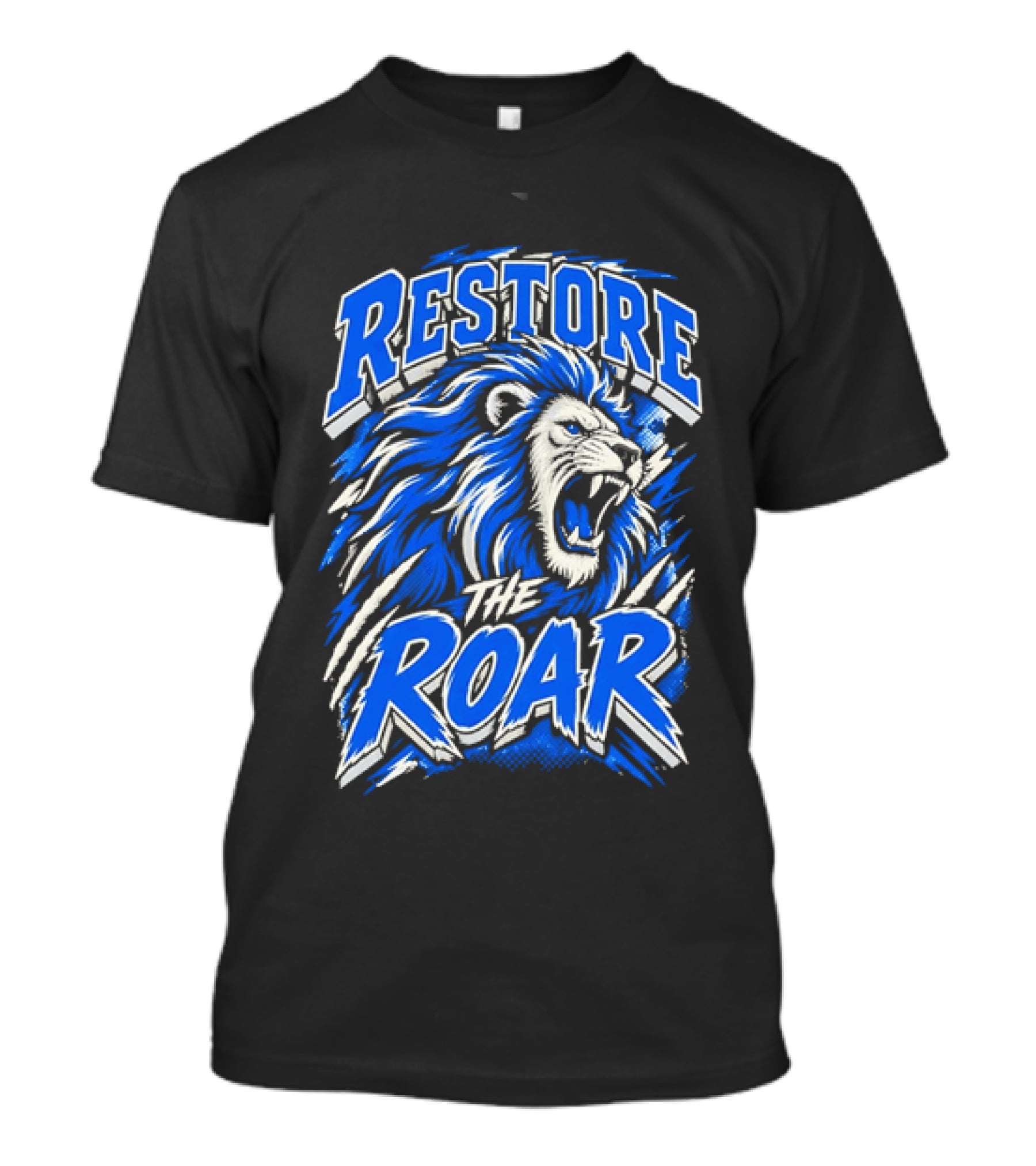 Restore The Roar Blue Lion Head With Halftone Scratch Marks T-Shirt