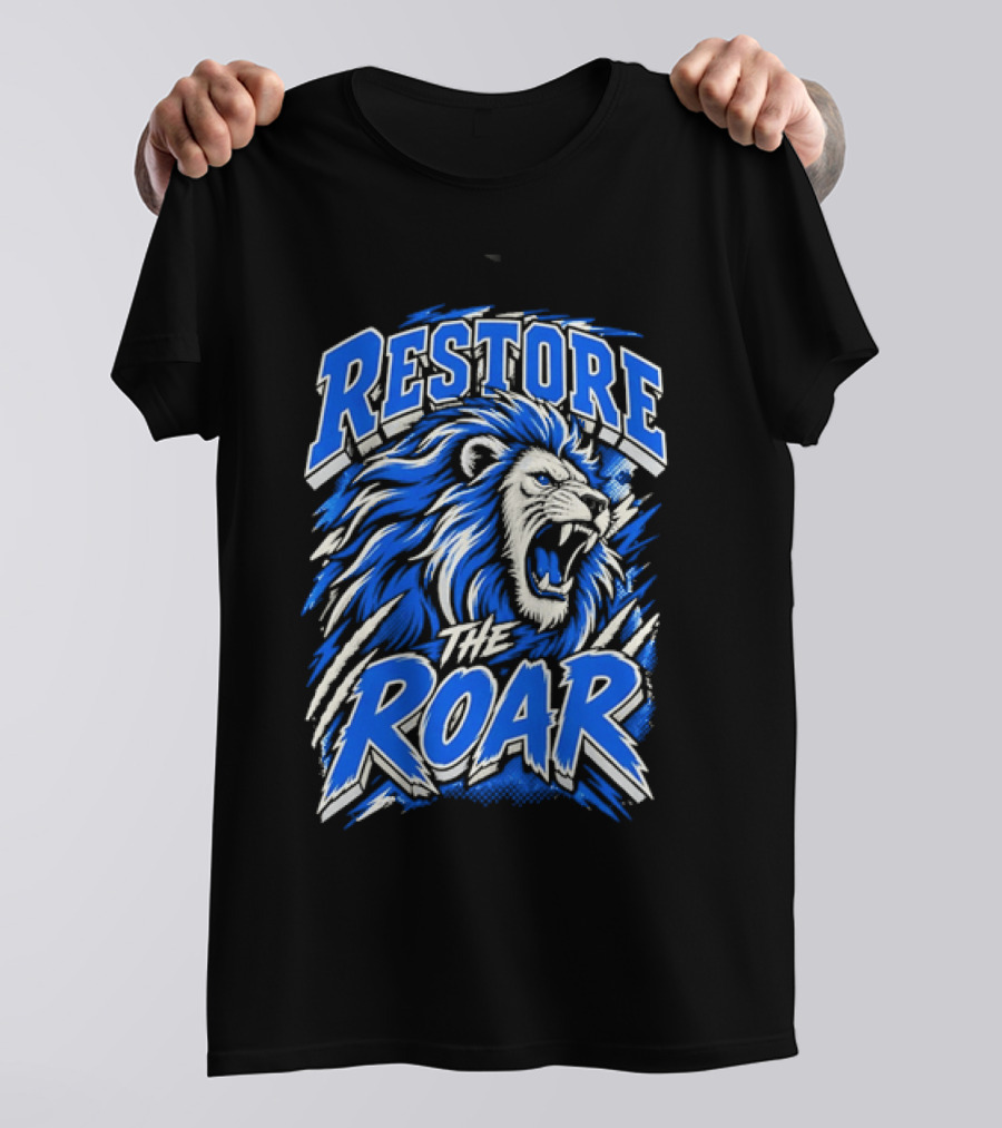 Restore The Roar Blue Lion Head With Halftone Scratch Marks T-Shirt