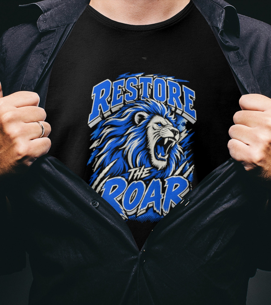 Restore The Roar Blue Lion Head With Halftone Scratch Marks T-Shirt