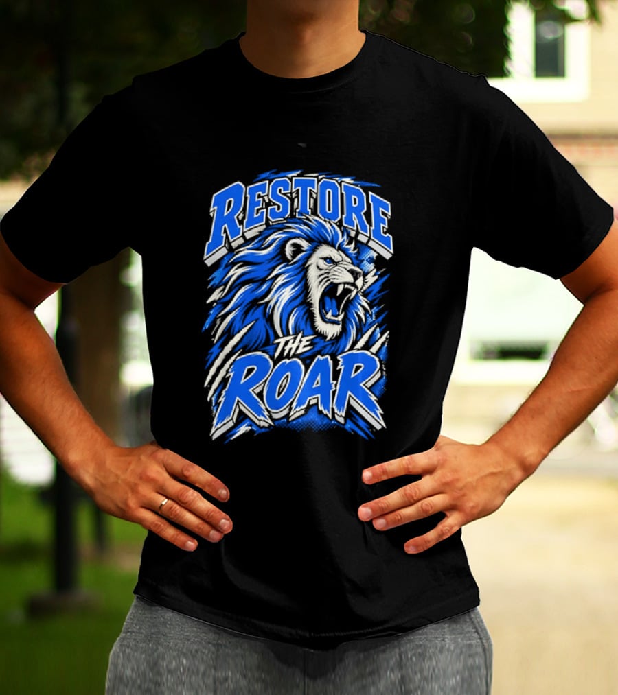 Restore The Roar Blue Lion Head With Halftone Scratch Marks T-Shirt