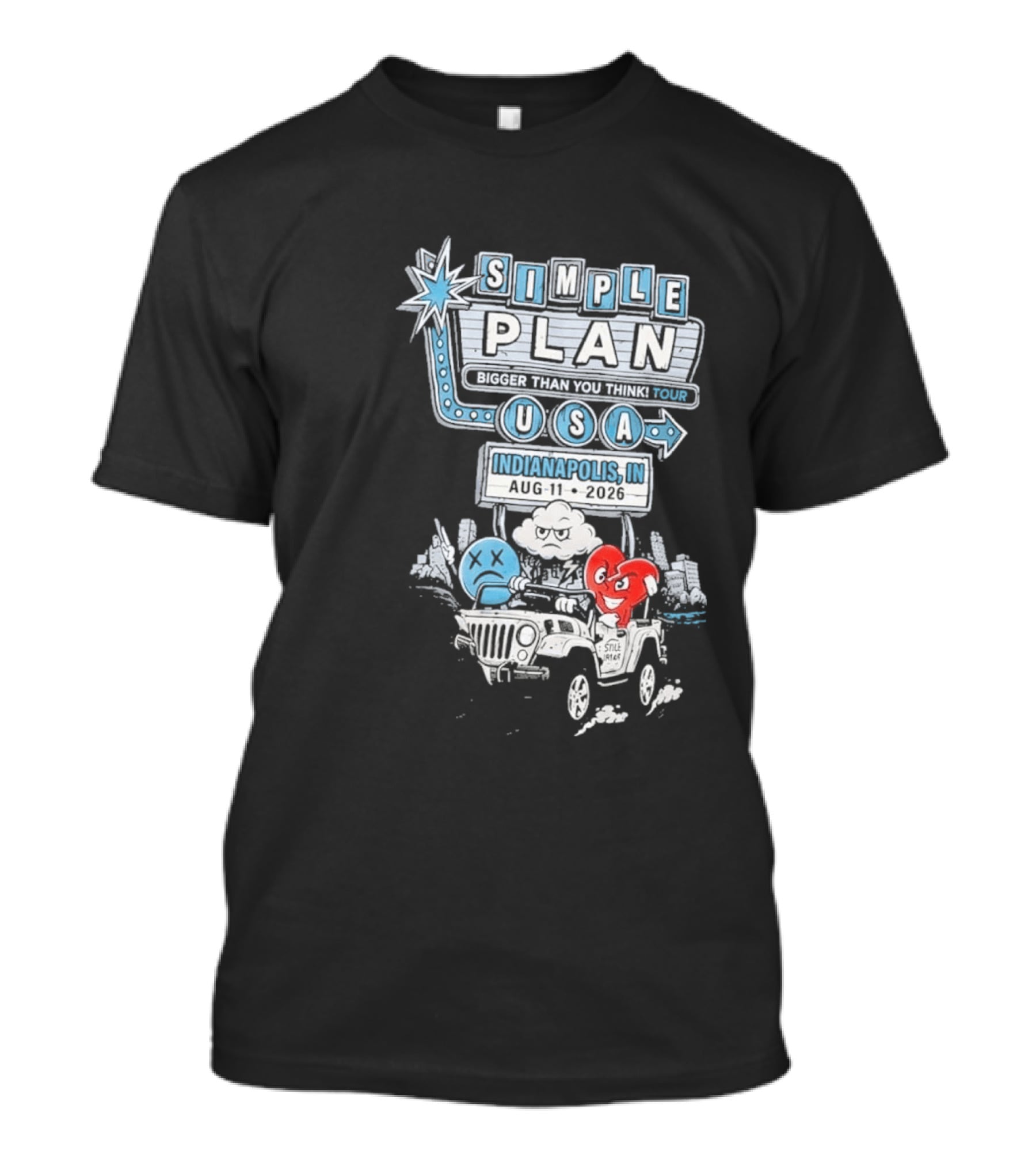 Simple Plan Indianapolis IN 2026 Bigger Than You Think Tour August 11 White River State Park USA Classic Car And Happy Heart T-Shirt