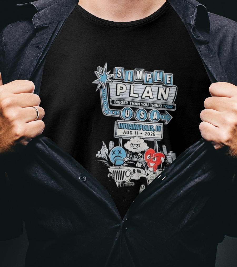 Simple Plan Indianapolis IN 2026 Bigger Than You Think Tour August 11 White River State Park USA Classic Car And Happy Heart T-Shirt
