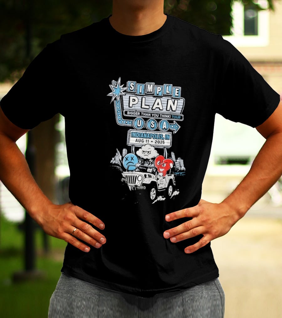Simple Plan Indianapolis IN 2026 Bigger Than You Think Tour August 11 White River State Park USA Classic Car And Happy Heart T-Shirt