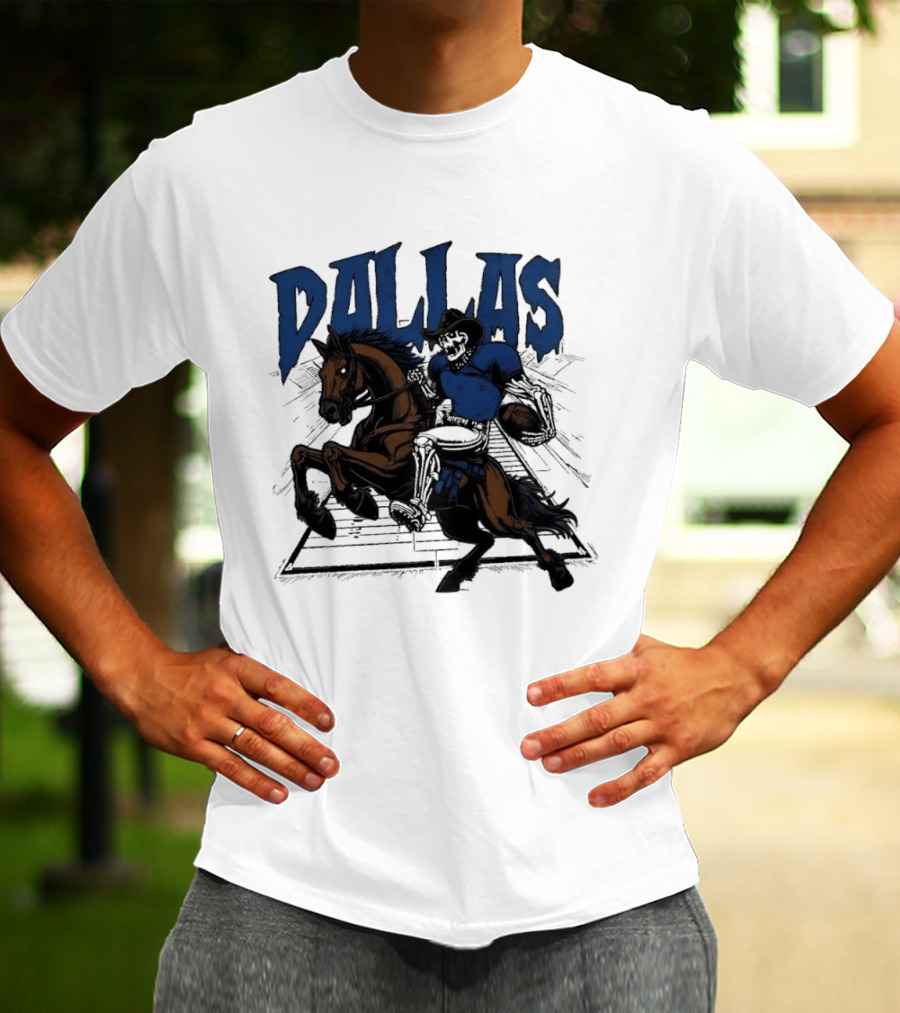 Dallas Cowboy Skeleton Riding Horse Playing Football T-Shirt