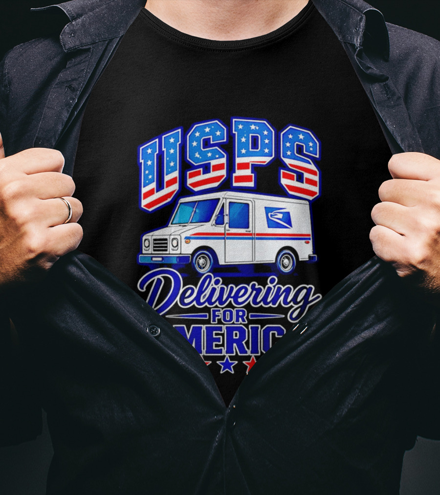 USPS Delivering For America Mail Truck Patriotic Stars And Stripes T-Shirt