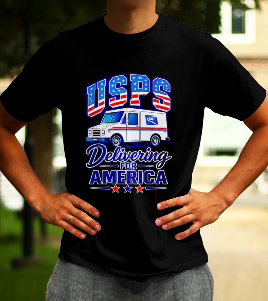 USPS Delivering For America Mail Truck Patriotic Stars And Stripes T-Shirt