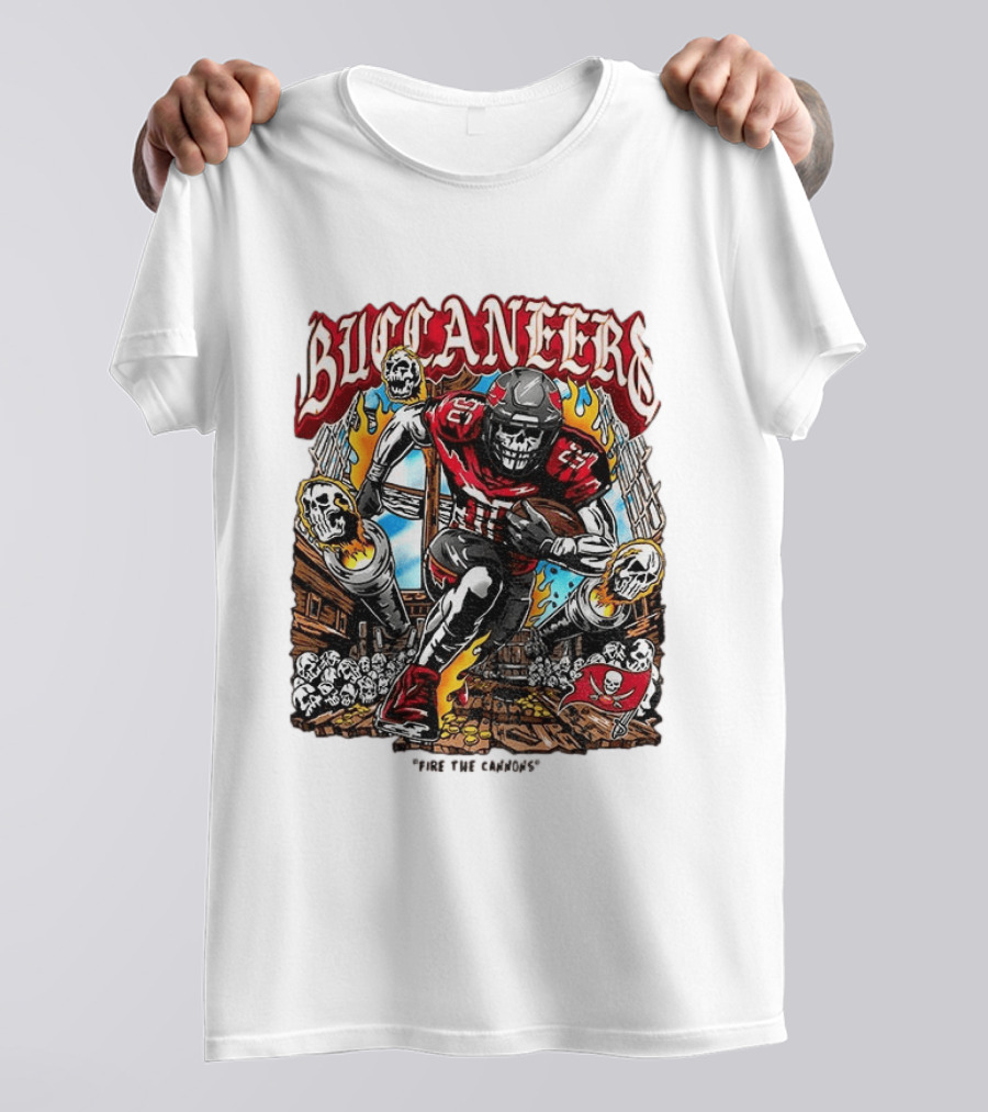 Buccaneers Fire The Cannons Skeleton Football T-Shirt