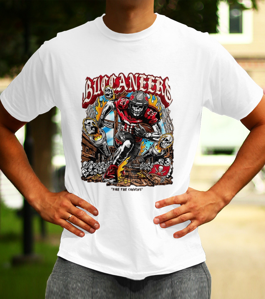 Buccaneers Fire The Cannons Skeleton Football T-Shirt