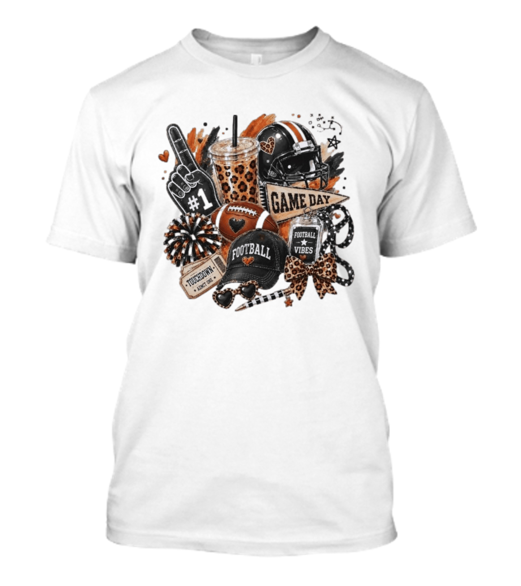 Leopard Game Day Football Touchdown Vibes #1 Fan Helmet Pom Pom Bow T-Shirt