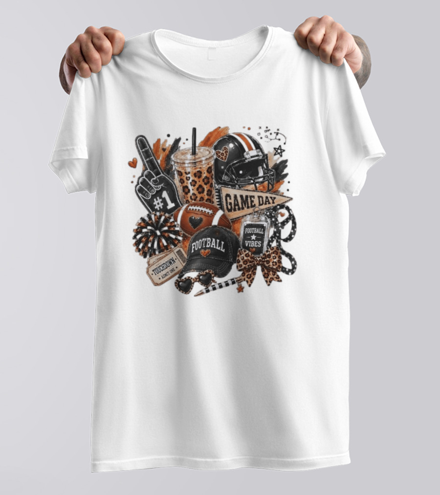 Leopard Game Day Football Touchdown Vibes #1 Fan Helmet Pom Pom Bow T-Shirt