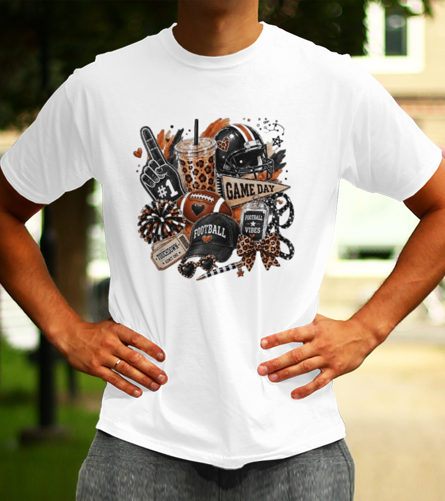 Leopard Game Day Football Touchdown Vibes #1 Fan Helmet Pom Pom Bow T-Shirt