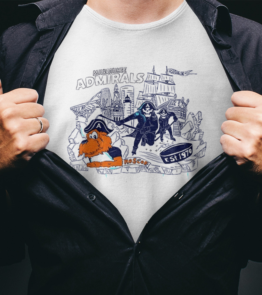 Milwaukee Admirals Roscoe Est 1970 Hockey Mascot And Cityscape T-Shirt