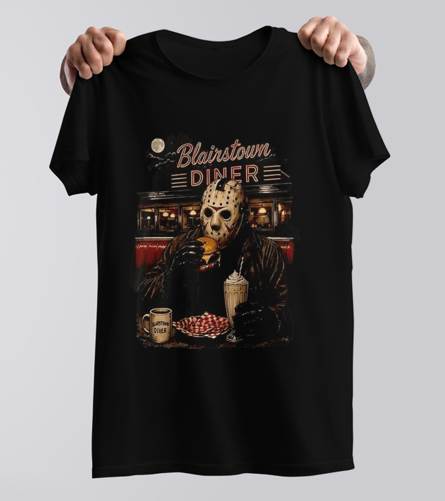 Blairstown Diner Killer Food Killer Coffee Halloween 1949 Masked Character Eating Burger And Milkshake T-Shirt