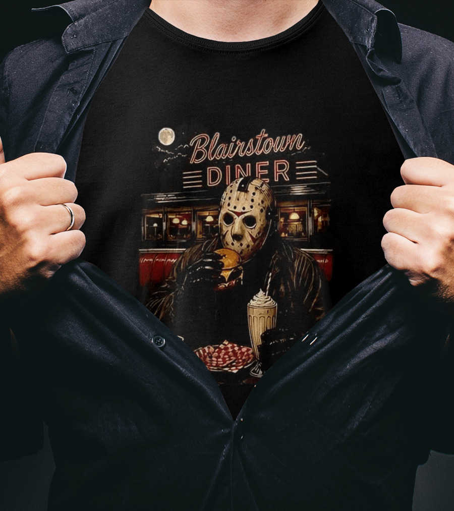 Blairstown Diner Killer Food Killer Coffee Halloween 1949 Masked Character Eating Burger And Milkshake T-Shirt