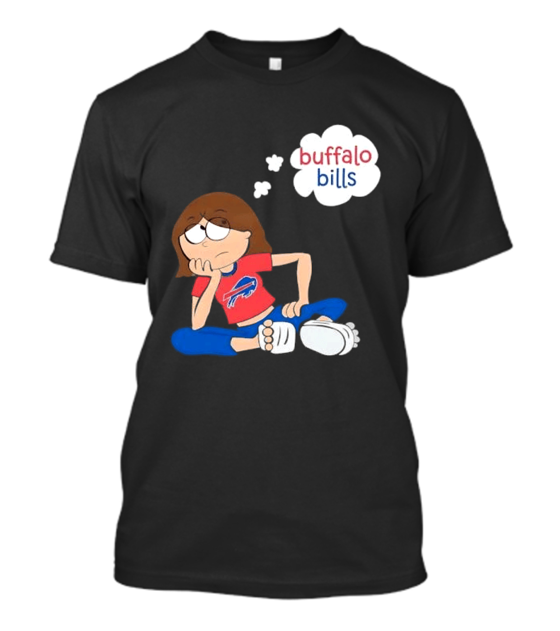 Buffalo Bills Cartoon Thoughtful Girl In Red And Blue Outfit T-Shirt