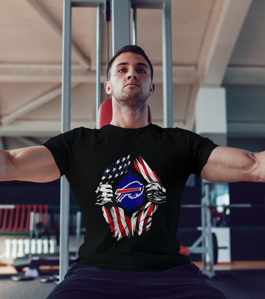 Buffalo Bills Superman Skull Cap Backwards American Flag Rip T-Shirt