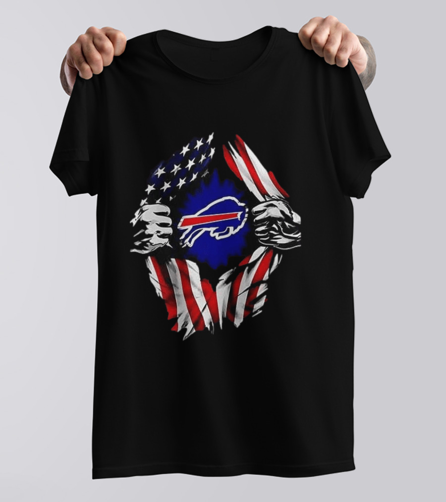 Buffalo Bills Superman Skull Cap Backwards American Flag Rip T-Shirt