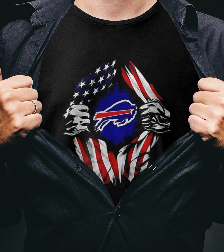 Buffalo Bills Superman Skull Cap Backwards American Flag Rip T-Shirt