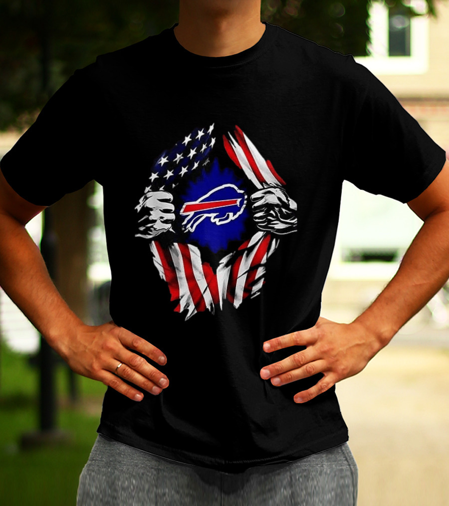 Buffalo Bills Superman Skull Cap Backwards American Flag Rip T-Shirt