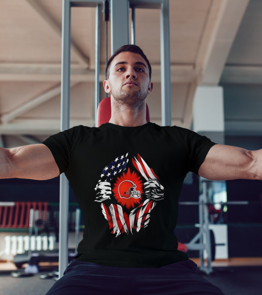Cleveland Browns Super Man Skull Cap Backwards American Flag Ripped T-Shirt