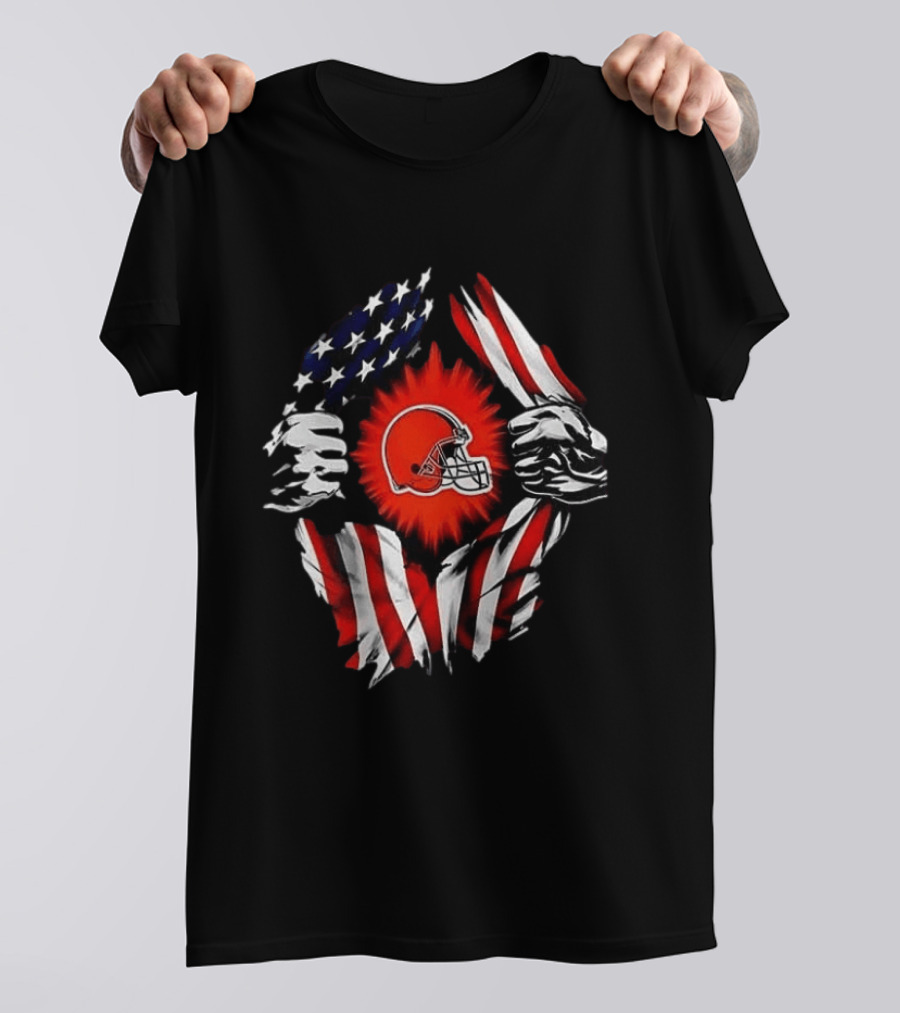 Cleveland Browns Super Man Skull Cap Backwards American Flag Ripped T-Shirt