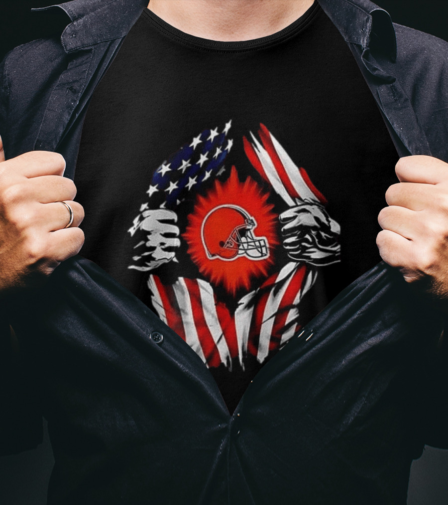 Cleveland Browns Super Man Skull Cap Backwards American Flag Ripped T-Shirt