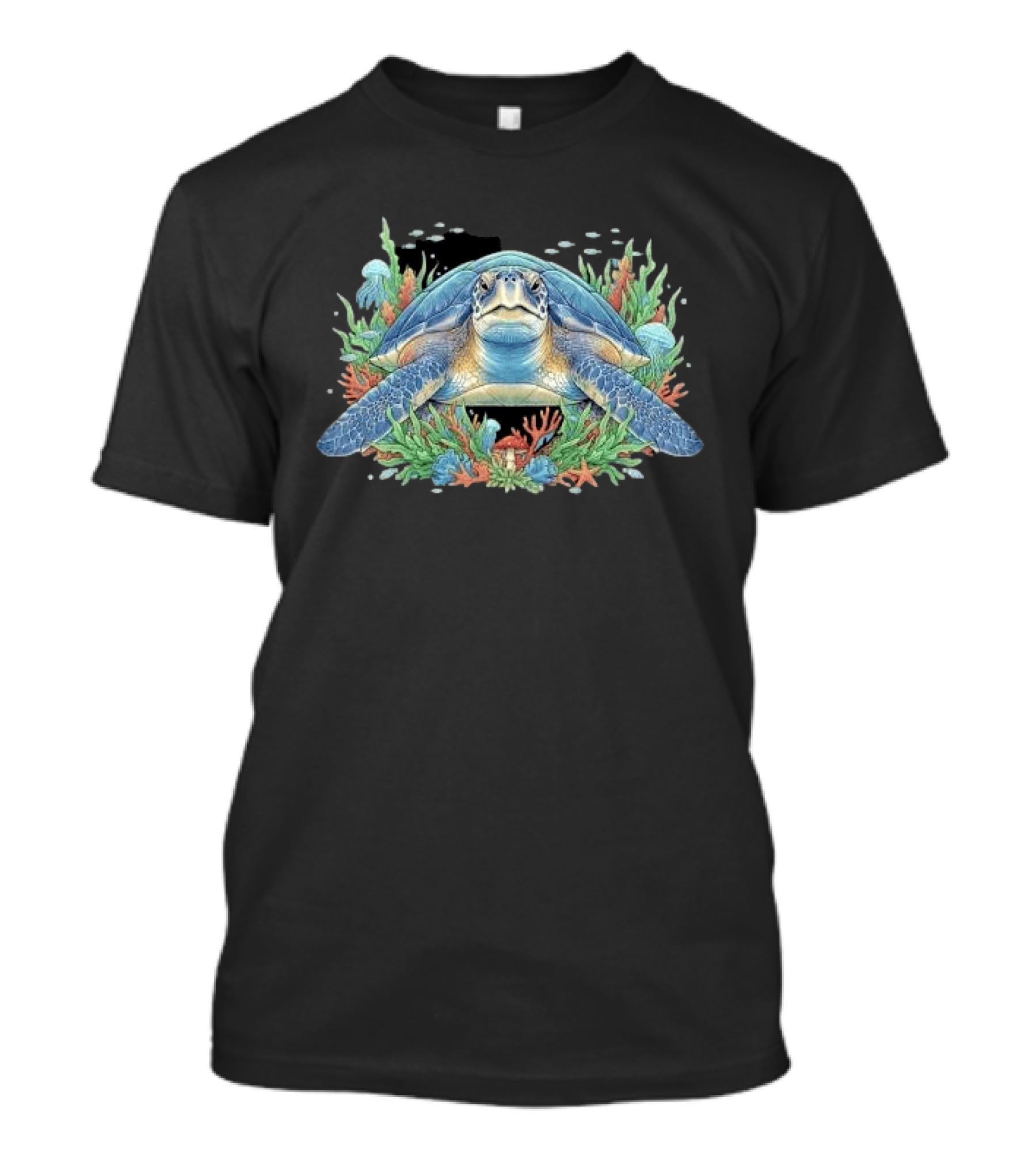 Sea Turtle With Coral Reef Red Mushroom And Starfish Underwater Scene T-Shirt