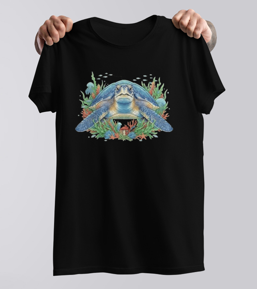 Sea Turtle With Coral Reef Red Mushroom And Starfish Underwater Scene T-Shirt
