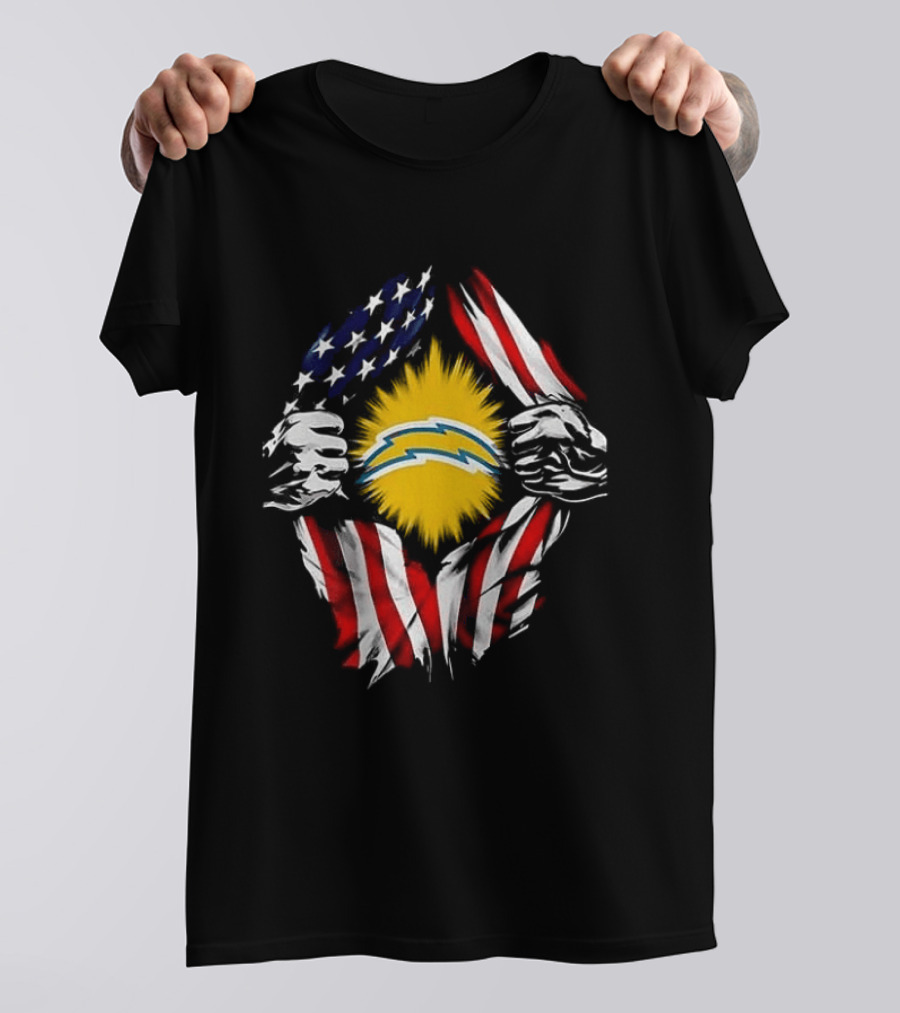Los Angeles Chargers Superman Skull Cap Backwards USA Flag Power T-Shirt
