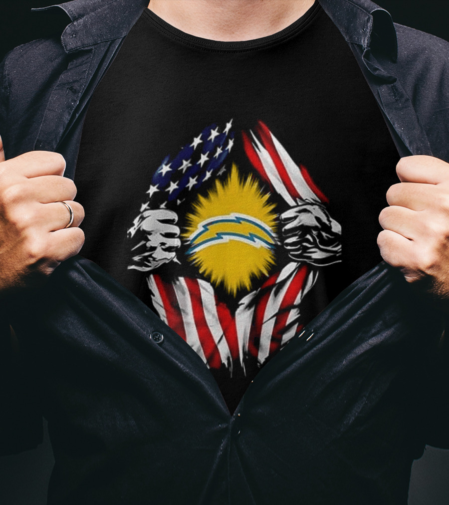 Los Angeles Chargers Superman Skull Cap Backwards USA Flag Power T-Shirt