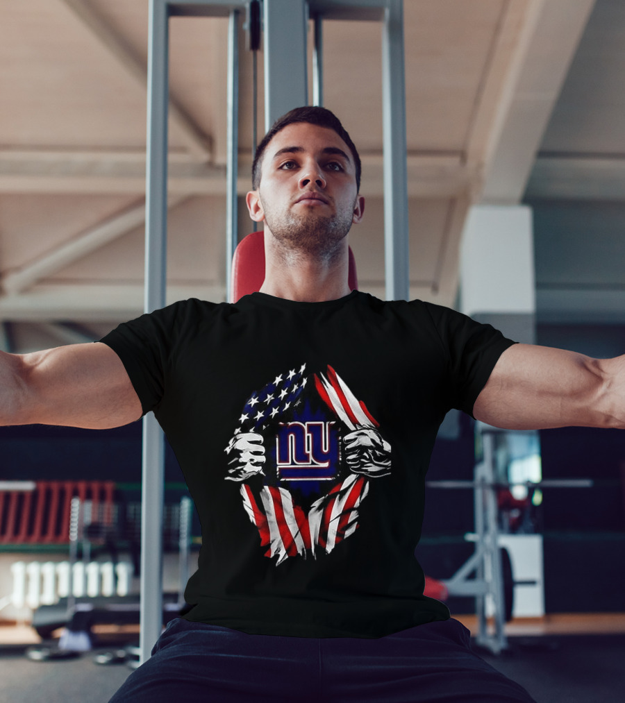 New York Giants American Flag Rip Super Man X Skull Cap Backwards T-Shirt